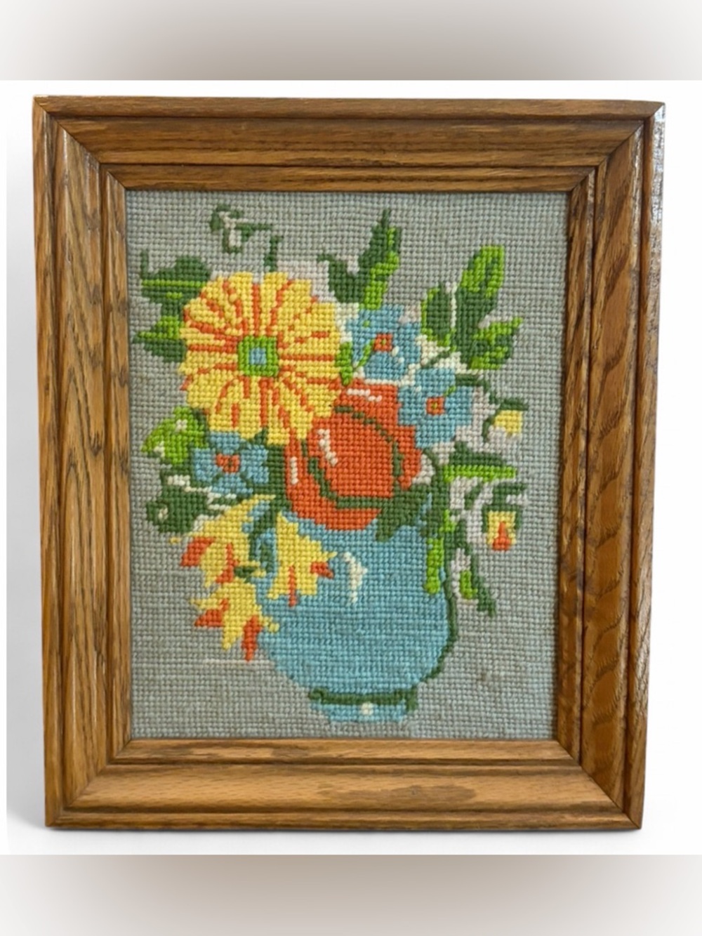 Vintage Handmade Floral Needlepoint Framed Art Artwork Cottagecore Farmhouse